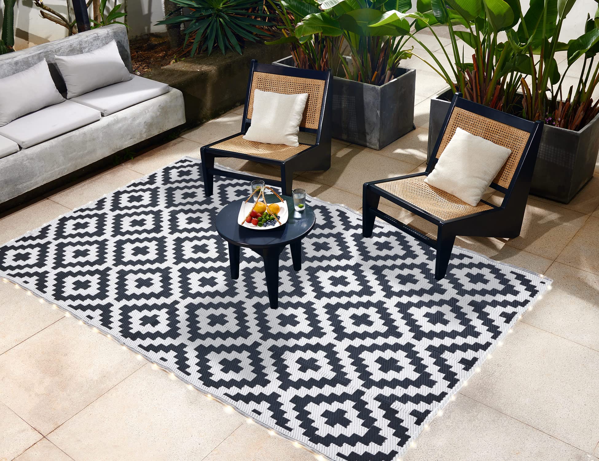 URBEST Reversible Waterproof Outdoor Camping Mat - 9x12 Feet Black & White RV Deck Porch Rug with LED Illumination | Perfect for Camping, Patio, RV & Outdoor Gatherings