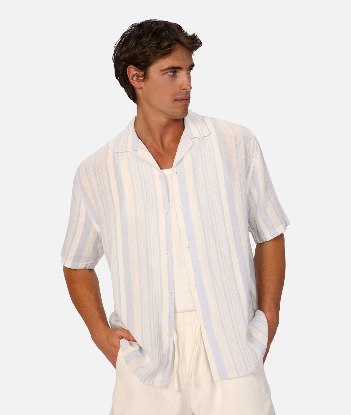 Positano Linen Short Sleeve Shirt for Men - Breathable Summer Casual Shirt in Off White, Silver & Blue | Perfect for Beach Vacations, Date Nights & Outdoor Events