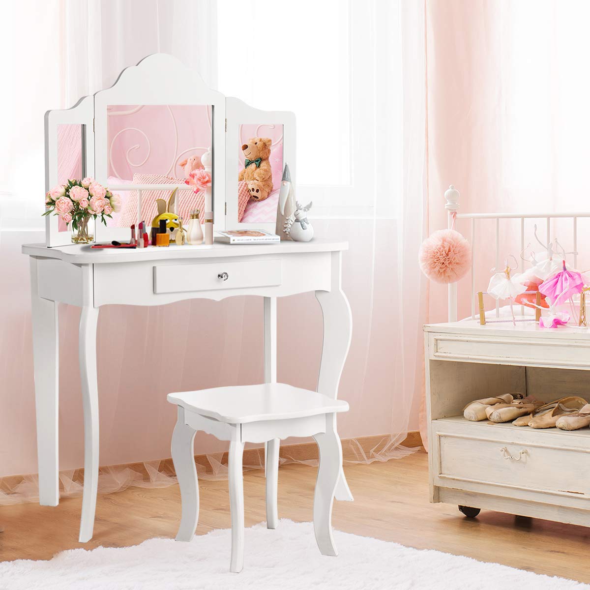 HOMGX White Wooden Kids Vanity Table Set with 180° Tri-Folding Mirror & Stool - Princess Makeup Dressing Table with Pull-Out Drawer for Little Girls | Perfect for Bedroom, Birthday Gifts & Pretend Play