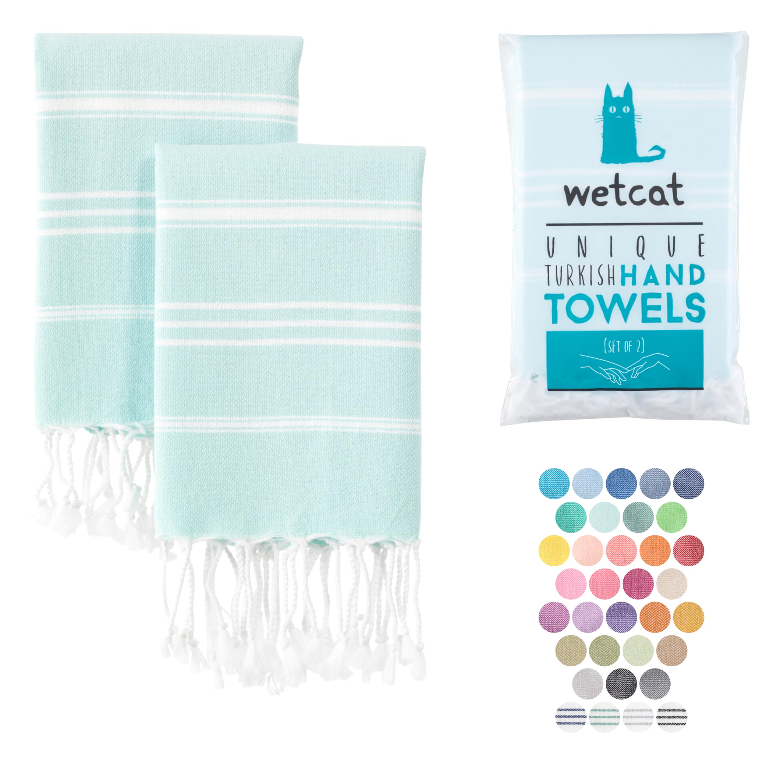 Premium WETCAT Turkish Hand Towels Set of 2 - 100% Turkish Cotton, Pre-Washed & Quick Drying (20