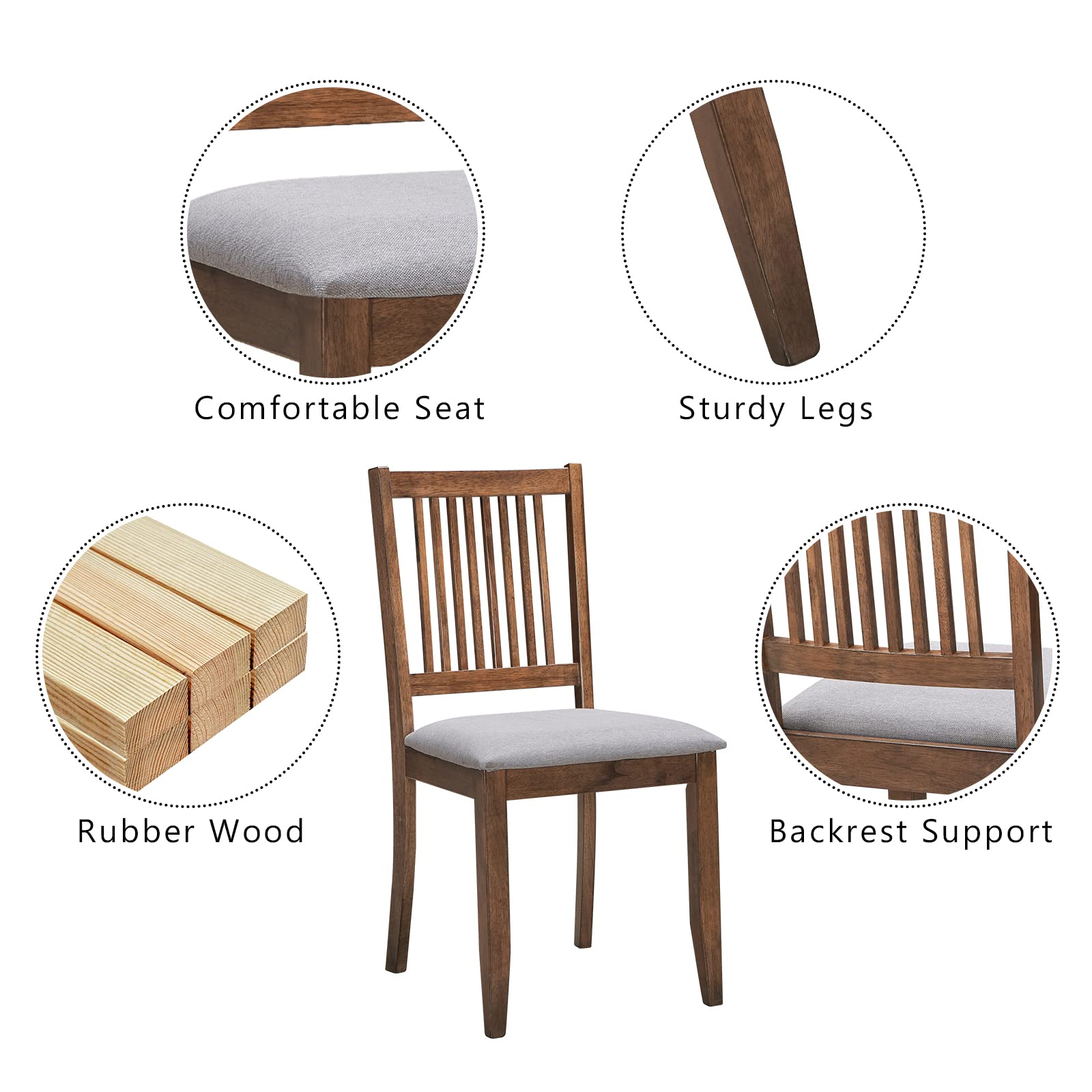 DUHOME Set of 2 Wooden Dining Chairs - Farmhouse Kitchen Chairs with Backrest & Upholstered Seat - Rustic Walnut Side Chairs for Dining Room, Living Room & Home Decor