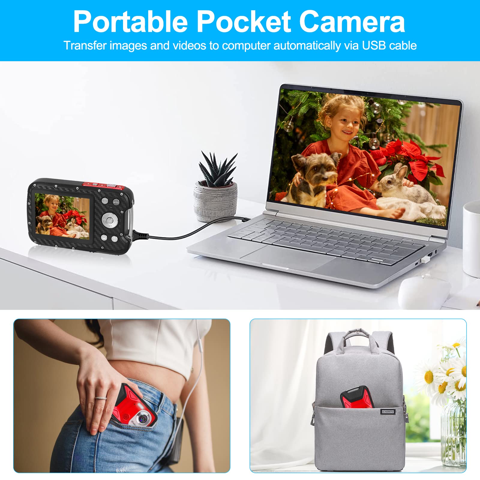 Waterproof Digital Camera 1080P HD 21MP - 17FT Underwater Camera with Rechargeable Battery & 32GB SD Card - Point and Shoot Camera for Kids Snorkeling, Swimming, Beach Vacations & Water Sports (Red)