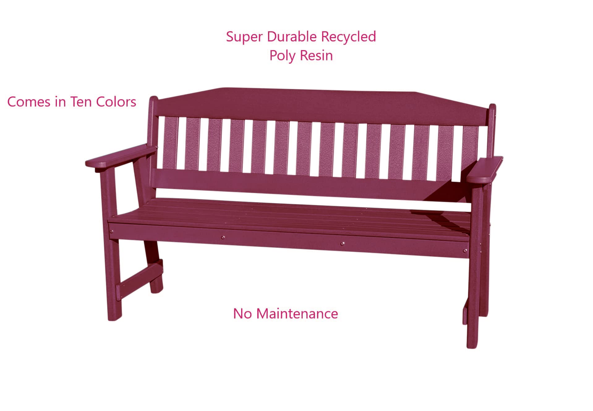 Phat Tommy Outdoor Garden Bench - Durable Poly Lumber Furniture with Back Support, Weatherproof & Eco-Friendly Recycled Material, Dark Red - Perfect for Patio, Backyard, and Garden Seating