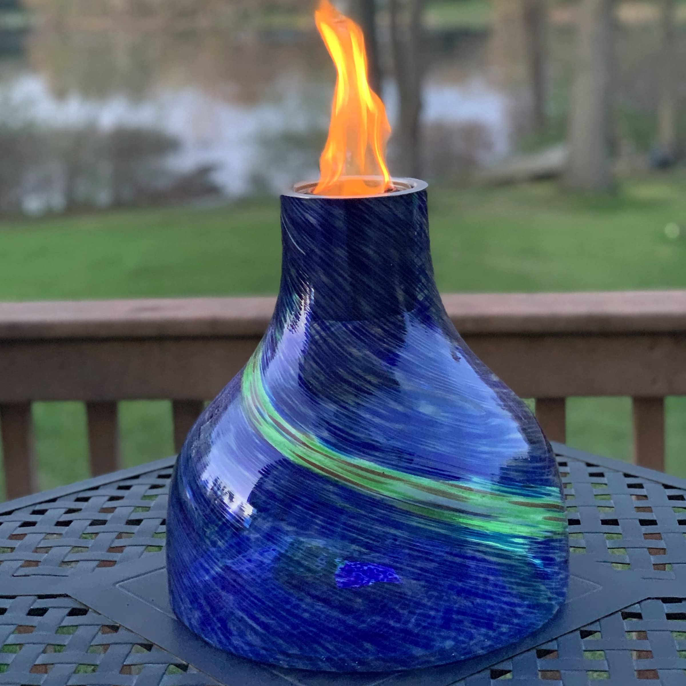 EchoFlame Magnum Glass Tabletop Fireplace - Indoor/Outdoor Portable Gel Fuel Burner with Certified Safe EchoFlame Gel-Fuel Cans - Blue/Green (11.75