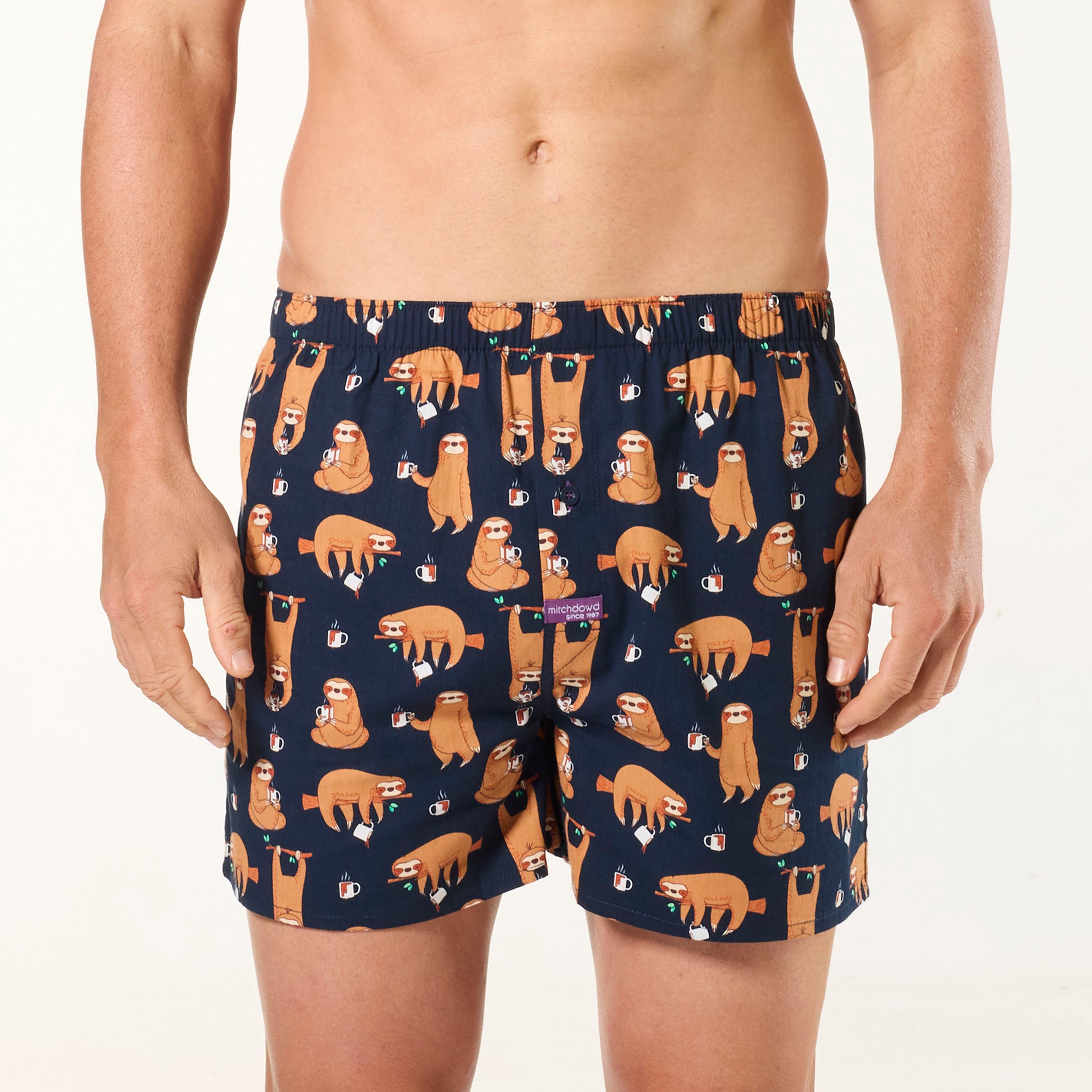 Men's Hangin' Sloths Cotton Boxer Shorts - Soft & Breathable Underwear for Casual Wear & Lounging - Navy Blue