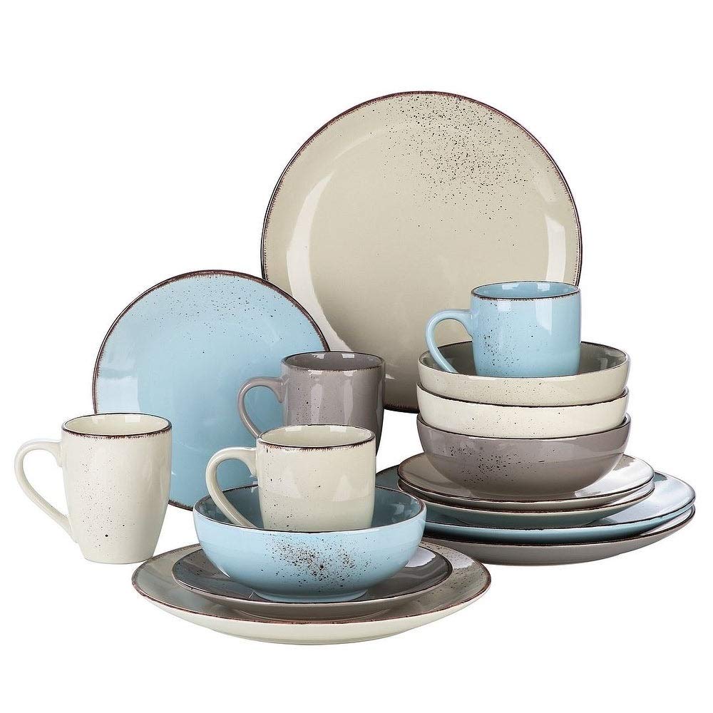 16-Piece Vintage Ceramic Dinnerware Set - Heavy Duty Stoneware, Dishwasher & Microwave Safe, Scratch Resistant - Off White & Blue Plates, Bowls, Mugs - Service for 4 - Perfect for Family Dinners, Entertaining Guests & Everyday Use