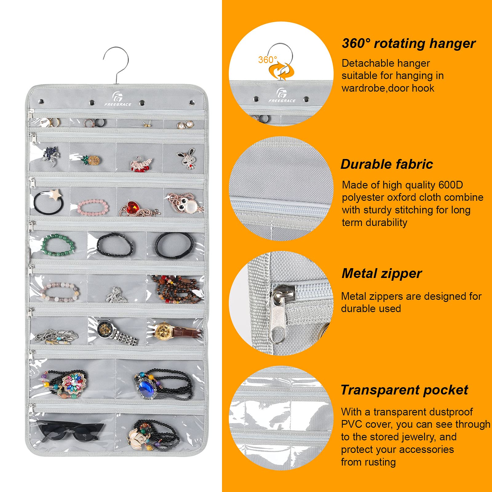 Rotating Jewelry Organizer with 50 Zippered Pockets - Foldable Hanging Storage for Necklaces, Earrings & Bracelets - Space-Saving Display Solution for Bedroom, Closet & Travel (Gray)