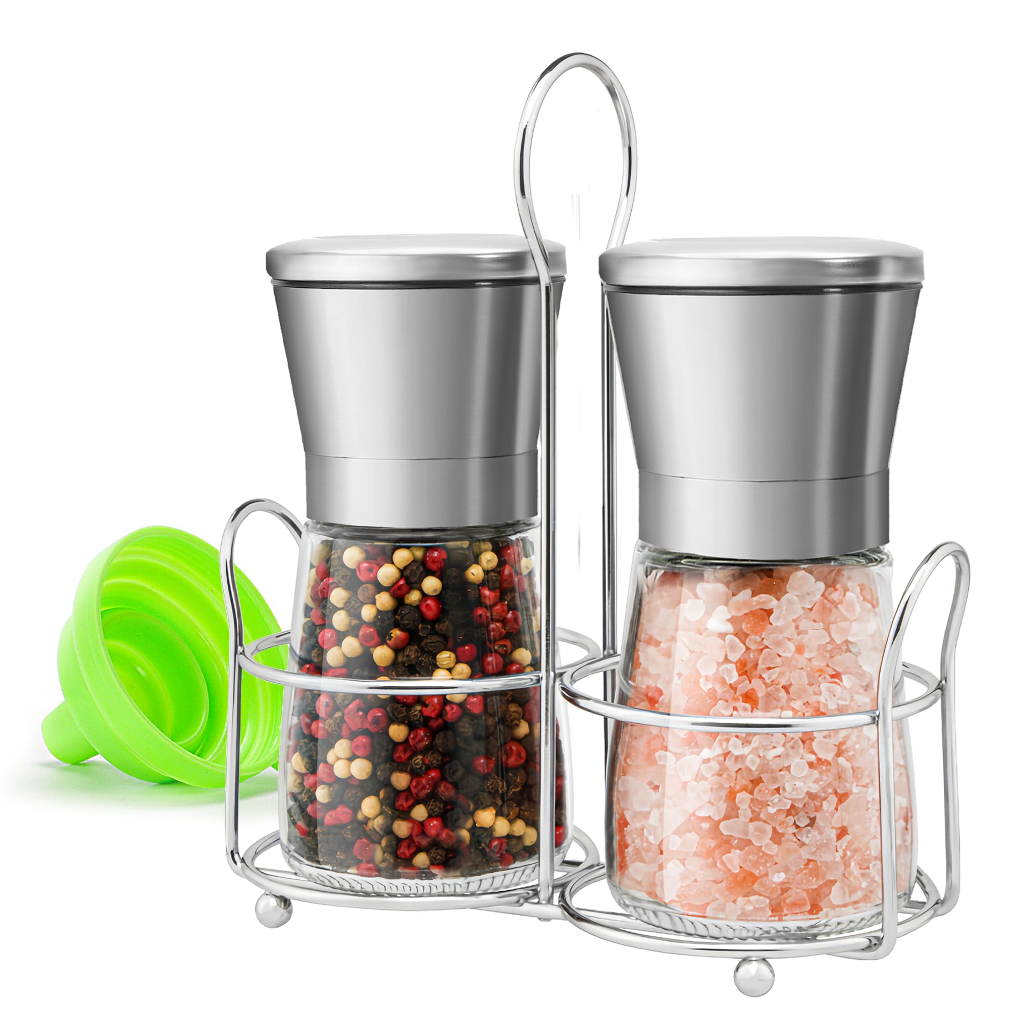 Premium Stainless Steel Salt and Pepper Grinder Set - Adjustable Coarseness, Refillable Glass Shakers for Himalayan Salt & Black Peppercorns with Bonus Stand - Perfect for Kitchen, Dining Table, and Gourmet Cooking