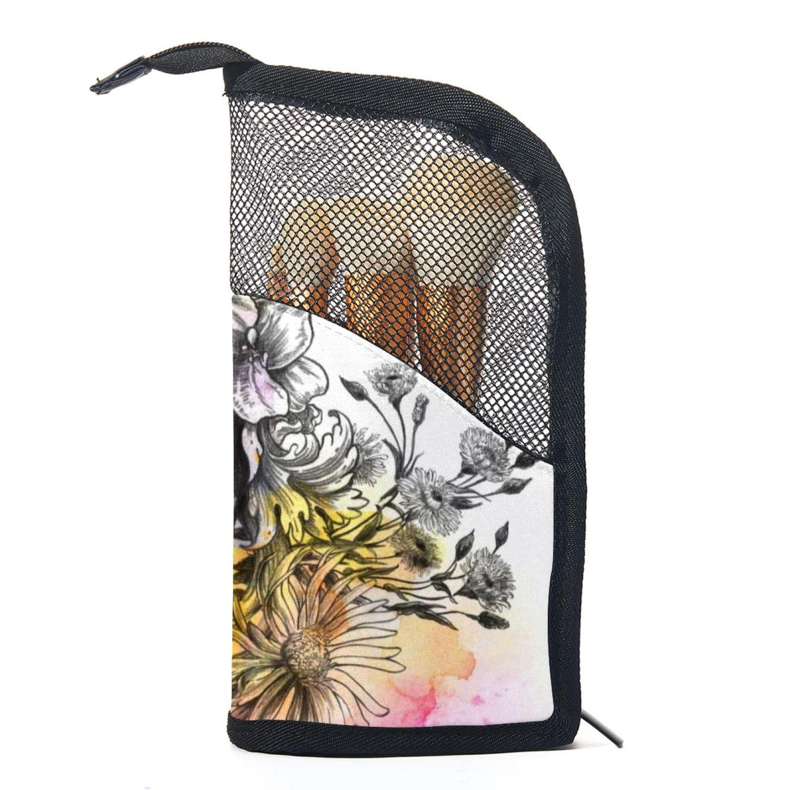 Waterproof Makeup Brush Organizer Bag with 12 Slots - Floral Skull Design Portable Cosmetic Brush Holder Case for Travel, Home & Professional Makeup Artists