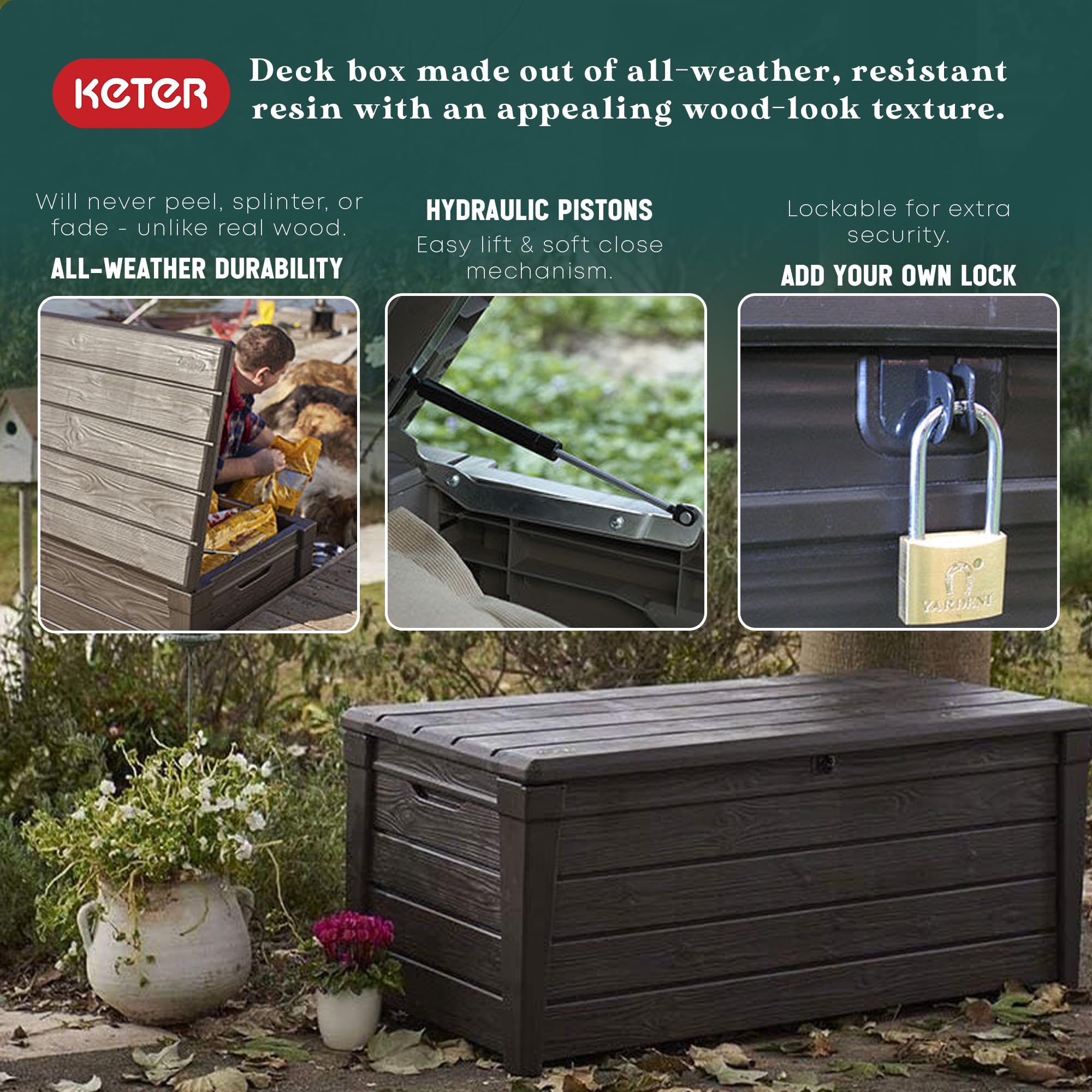Keter 120 Gallon Outdoor Storage Deck Box - Waterproof Patio & Pool Storage Bin, Large Deck Box for Cushions, Toys & Garden Tools - Brown Weather-Resistant Container for Backyard, Poolside & Patio Organization