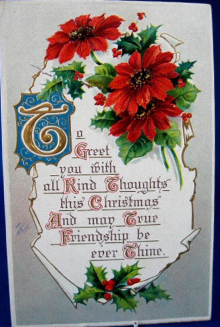 Vintage Christmas Postcard with Poinsettias & Gold Embossed Design - BB London 1910 Illuminated Poem - Perfect for Holiday Greetings, Collectors & Home Decor
