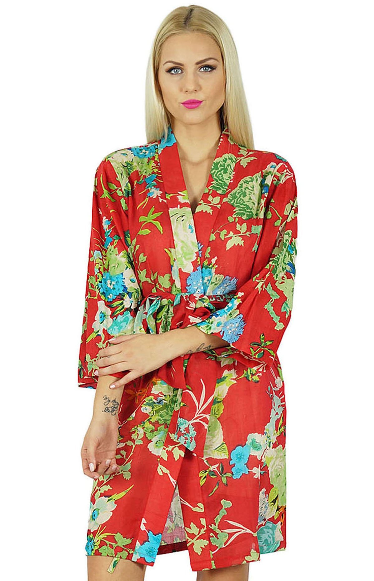 Bimba Women's Short Cotton Robe - Floral Print Bridesmaid Robe, Getting Ready Wrap, Spa Cover Up - Perfect for Wedding, Bridal Shower, Bachelorette Party & Relaxation at Home
