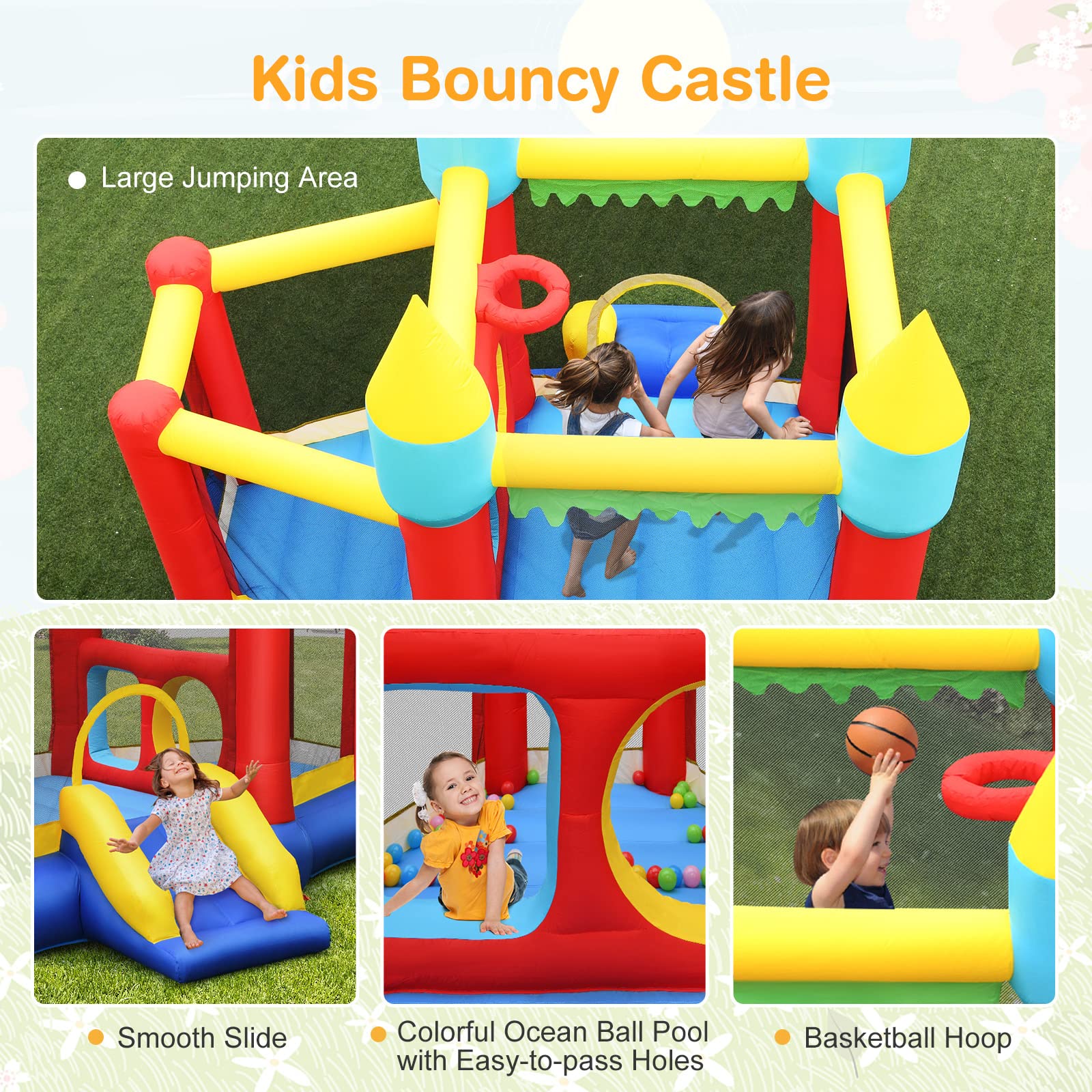 HONEY JOY Inflatable Bounce House with Slide & Ball Pit - Kids Outdoor Play Center for Birthday Parties, Backyard Fun, and Summer Activities - Includes Basketball Hoop & Stakes (Blower Not Included)
