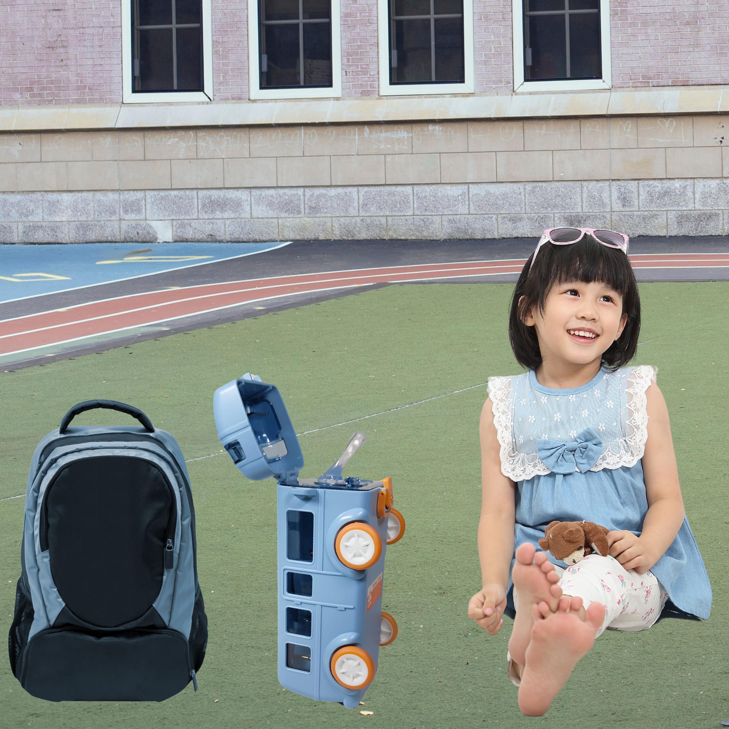 **ZAFCO Cute Bus-Shaped Kids Water Bottle with Strap, Sipper & Straw | Leakproof, BPA-Free, Moving Wheels & Lock Mechanism | Plastic Portable Drinking Bottle for Girls & Boys | School, Travel & Outdoor Activities (Blue)**