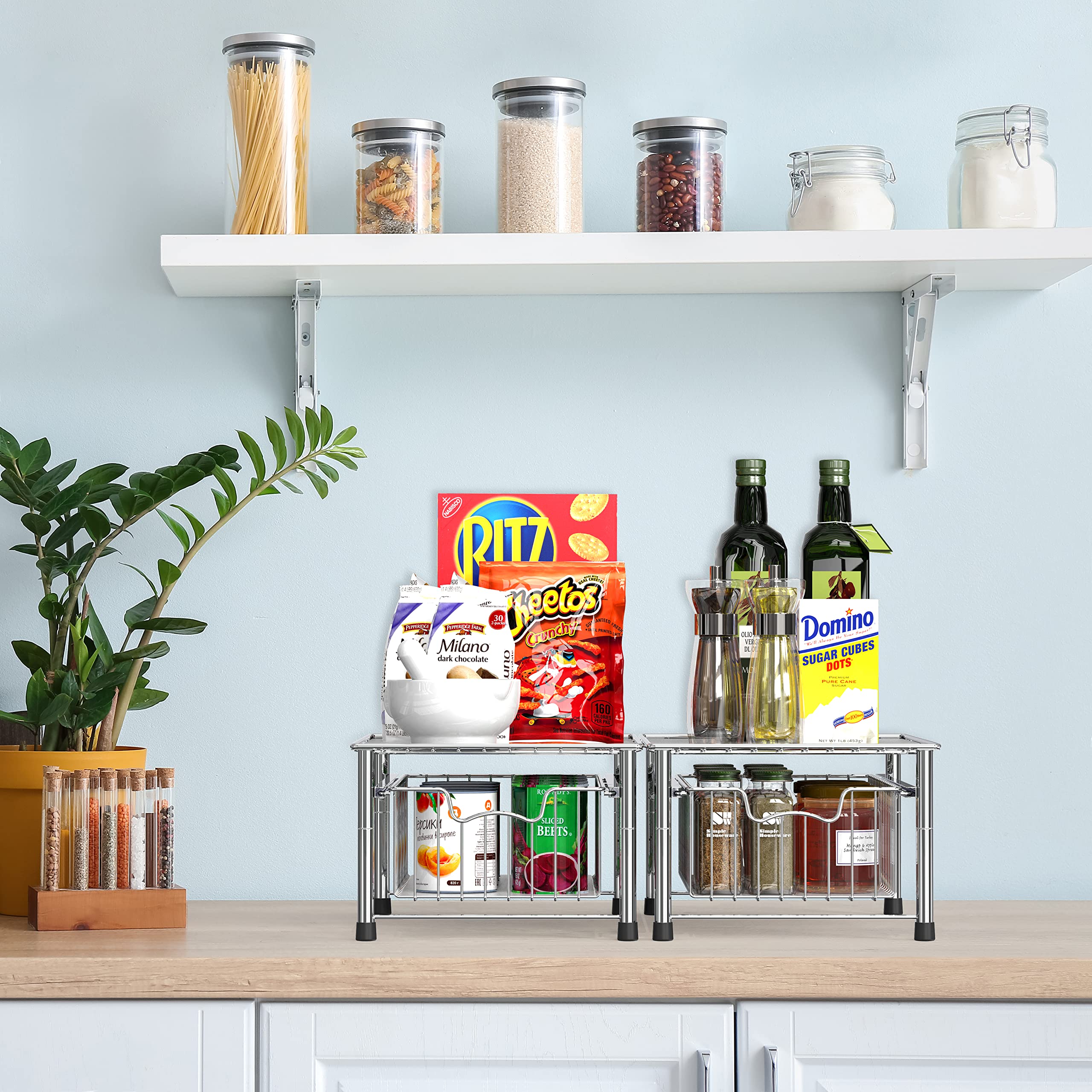 Stackable Chrome Wire Basket Drawer for Kitchen, Bathroom & Office Organization - Simple Houseware Storage Solution for Cabinets, Shelves & Closets