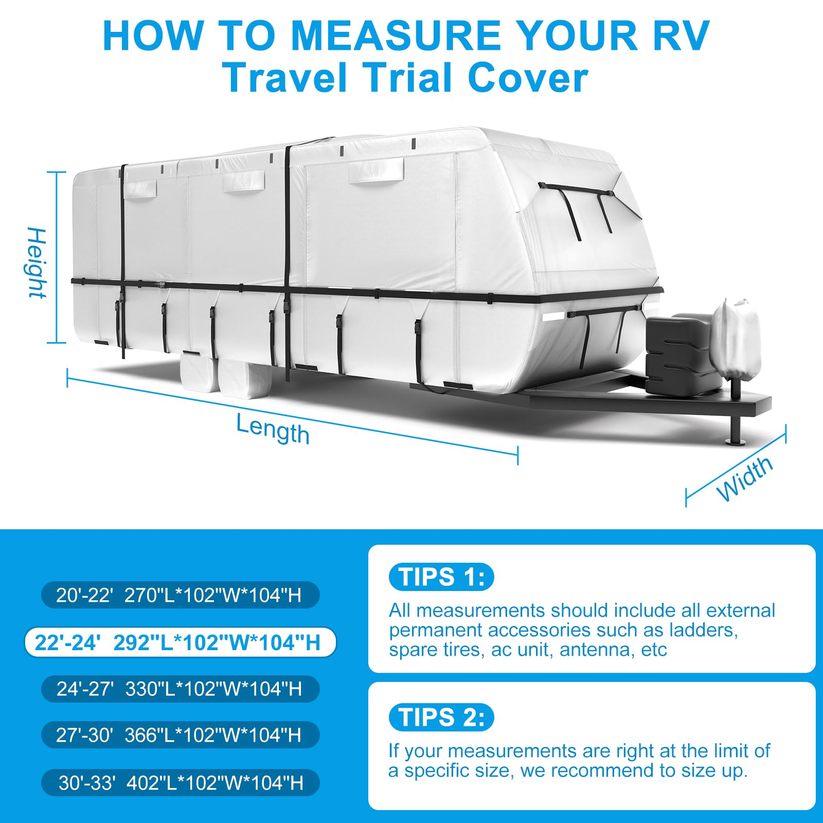 420D Oxford Fabric RV Cover for Travel Trailers 22'-24' - Waterproof, Windproof & Tearproof Camper Cover with 4 Tire Covers, Jack Cover & Zippered Doors | Perfect for Outdoor Storage, Winter Protection & Long-Term Parking