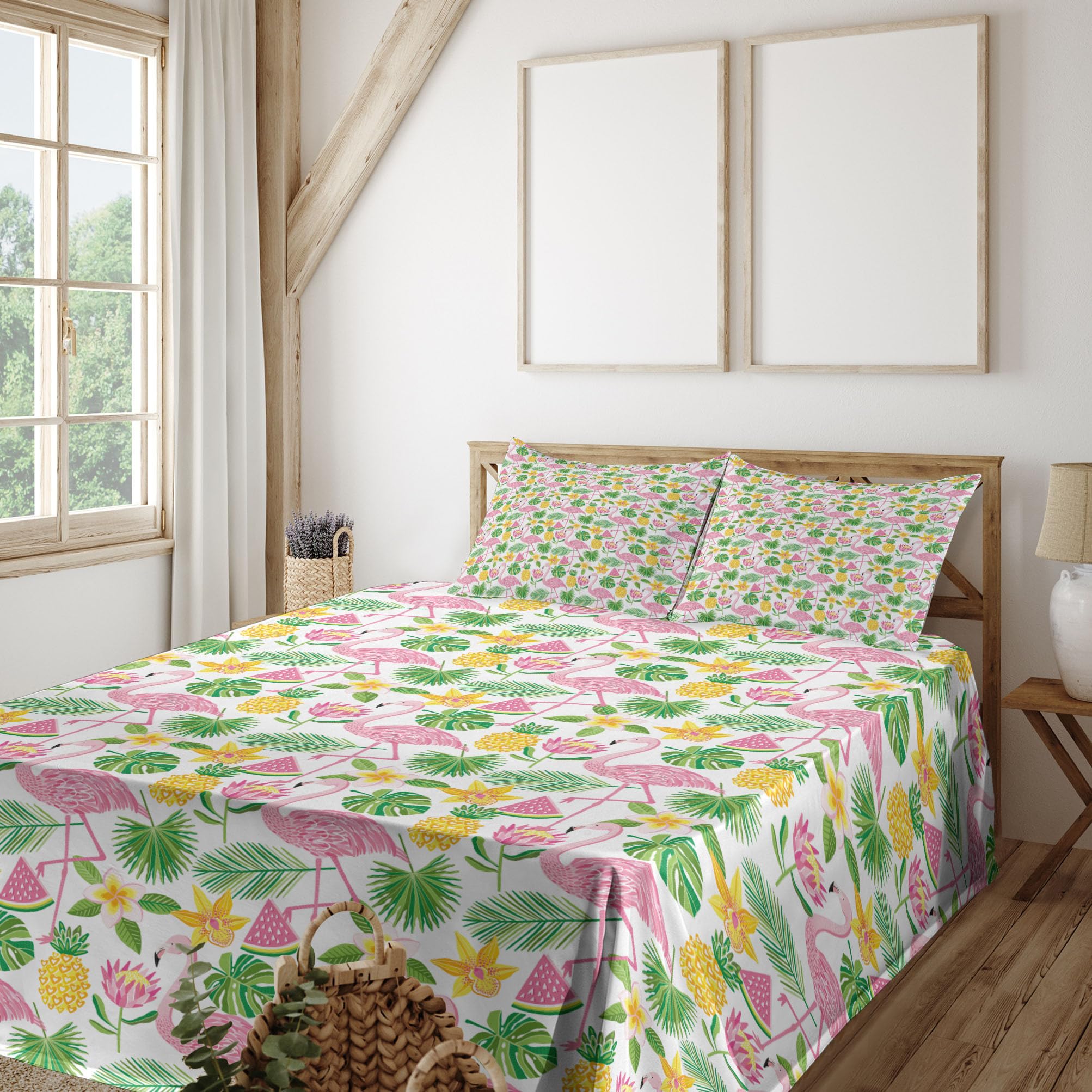 Ambesonne Exotic Flamingo Watermelon Pineapple Tropical Print 4-Piece King Sheet Set - Pink Green Mustard Bedding for Beach House, Summer Decor & Boho Chic Bedroom