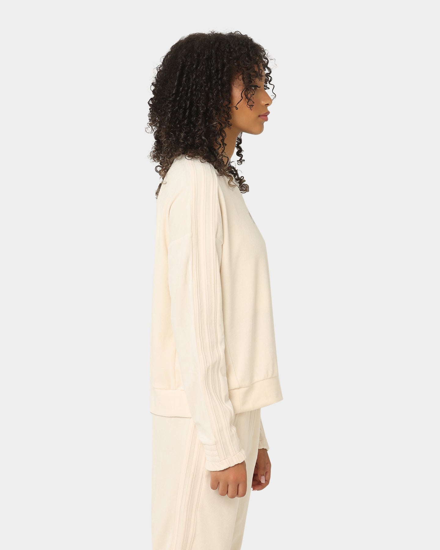 Adidas Women's Velour Crewneck Sweatshirt - Wonder White | Soft & Comfortable Casual Wear for Women | Perfect for Gym, Lounge & Everyday Outfits