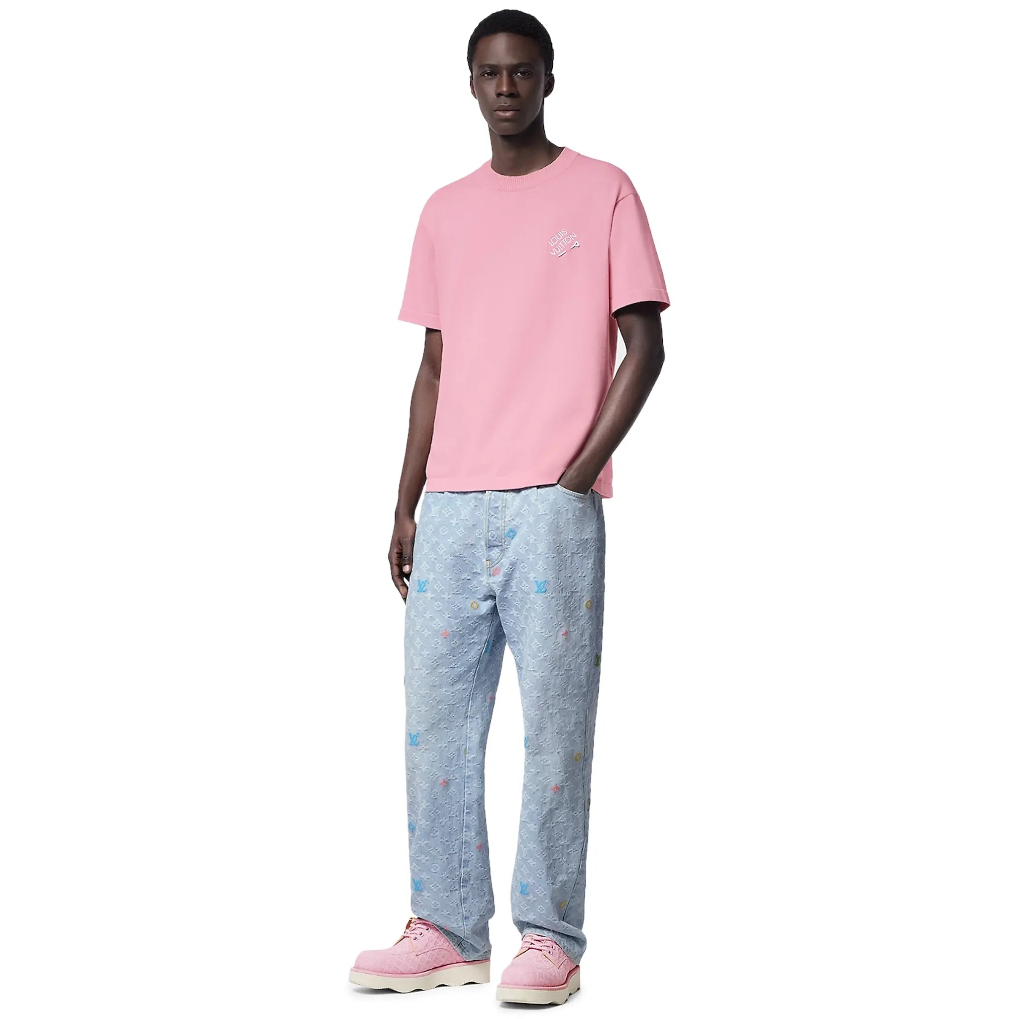 Louis Vuitton Signature Embroidered Coral Blush Pink Crewneck T-Shirt for Women | Luxury Casual Wear for Outings & Social Events