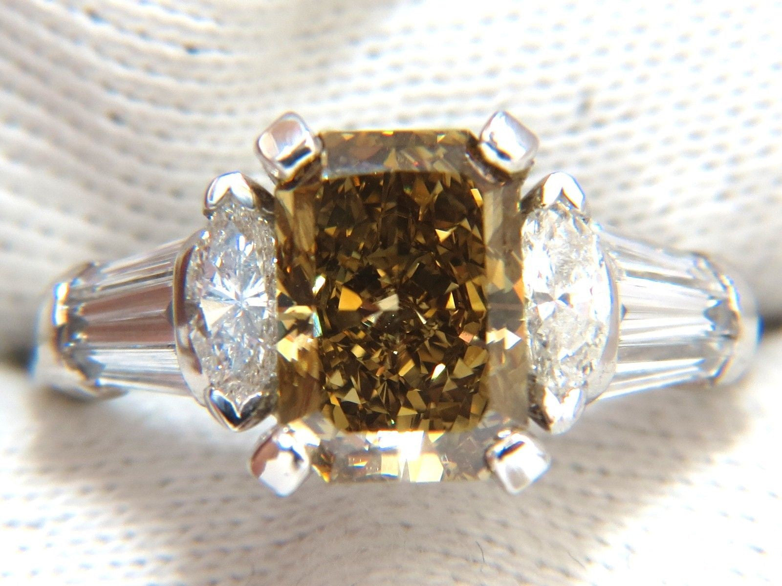 4.12ct GIA Certified Radiant Fancy Brown Green Yellow Diamond Platinum Ring for Engagement, Wedding, Anniversary & Special Occasions