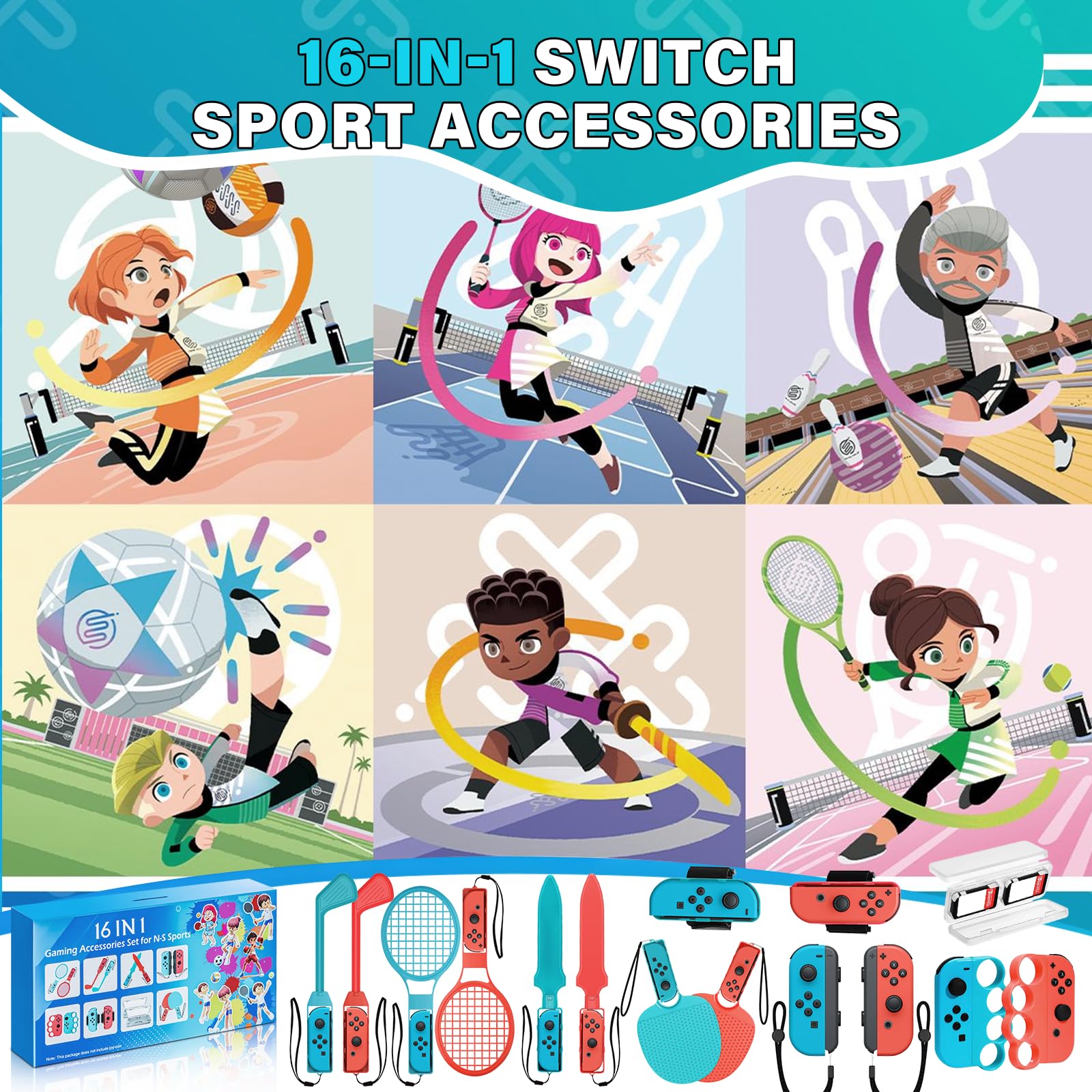 BRHE 16-in-1 Nintendo Switch Sports Accessories Bundle - Compatible with Switch & OLED - Includes Motion Controllers for Tennis, Bowling & More - Perfect for Family Game Nights & Multiplayer Sports Games