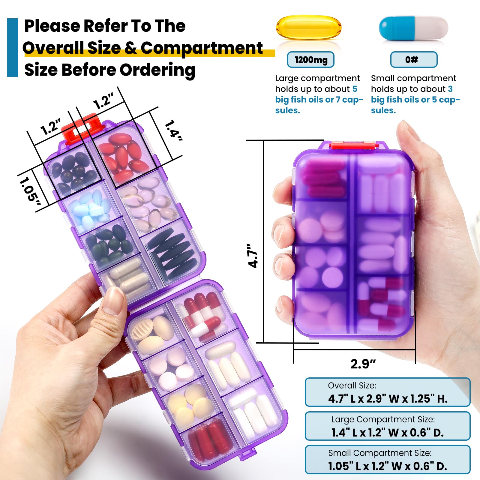 14-Grid Travel Pill Organizer Box with 415 Medicine Labels - Portable Daily Pharmacy Case for Vitamins, Fish Oil & Supplements - Clear Purple - Perfect for Travel, Home & Office Medication Storage