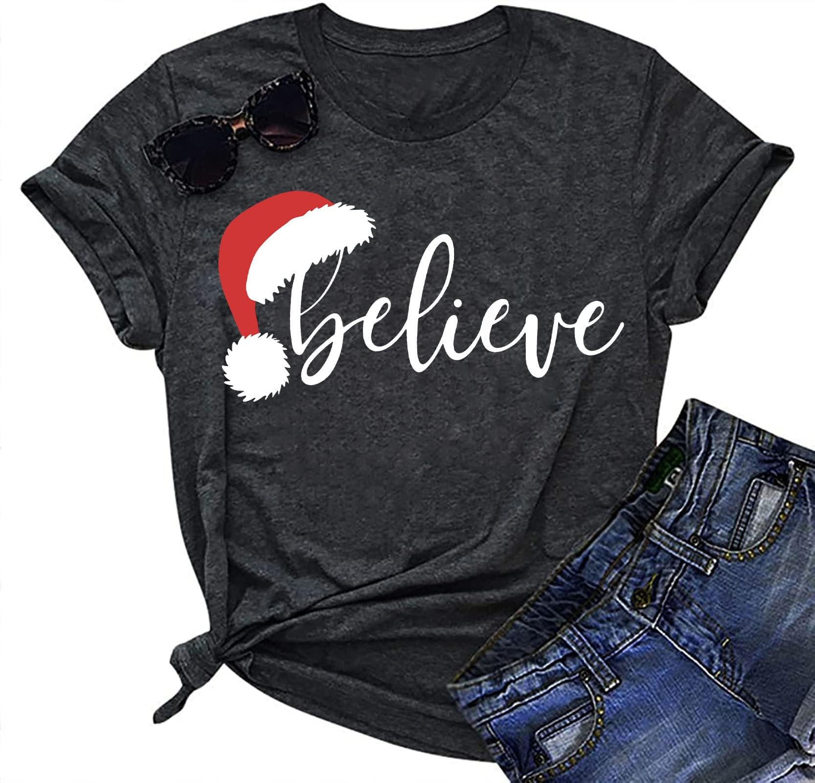 Believe Christmas T-Shirt for Women - Festive Holiday Tree Graphic Tee with Inspirational Letter Print - Perfect for Holiday Parties, Family Gatherings & Christmas Photos