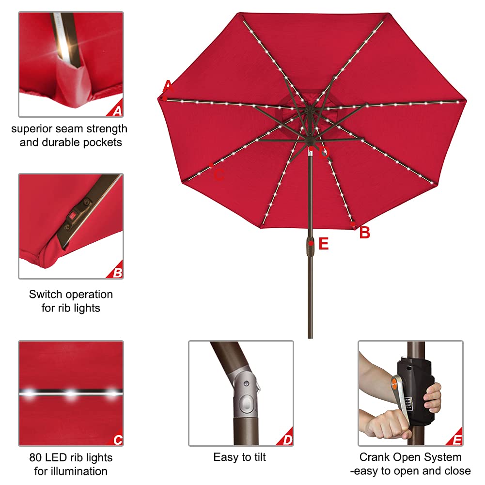 EliteShade USA 10-Year Fade-Resistant 9ft Solar LED Patio Umbrella with 80 Lights - Outdoor Market Umbrella with Ventilation & Logo Customization (Red) - Perfect for Backyard, Poolside, Restaurant, and Outdoor Dining Areas