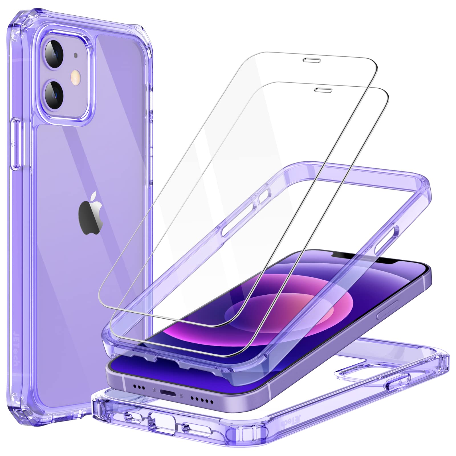 JETech Shockproof Case for iPhone 12/12 Pro 6.1-Inch with 2-Pack Tempered Glass Screen Protector - 360 Full Body Protection, Clear Back Bumper Phone Cover (Purple) | Perfect for Outdoor Activities, Work & Daily Use