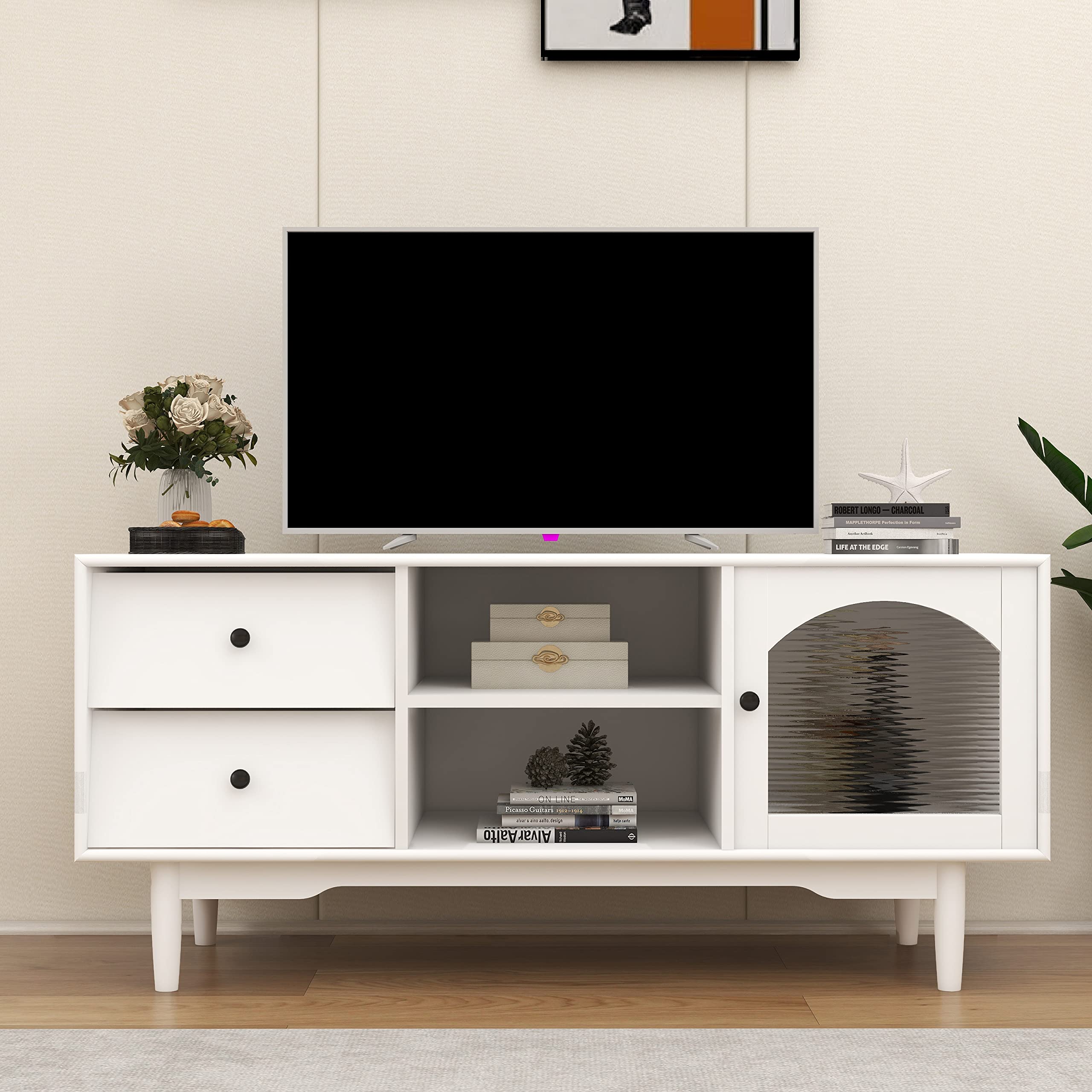 CAISFT White TV Stand Entertainment Center with Storage - Modern TV Stand with Drawers, Open Shelves & Glass Door Cabinet for Living Room Furniture - Perfect for Home Theater Setup & Living Room Organization (White)