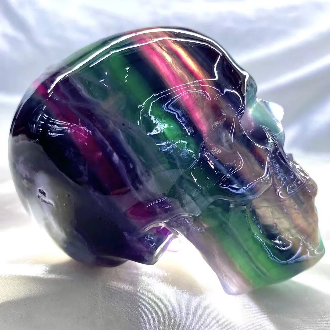 10-15CM Large Natural Rainbow Fluorite Carved Skull - High Quality Mineral Specimen for Crystal Collectors, Unique Home Decor & Gift Idea - Perfect for Meditation, Feng Shui, and Mineral Display Collections
