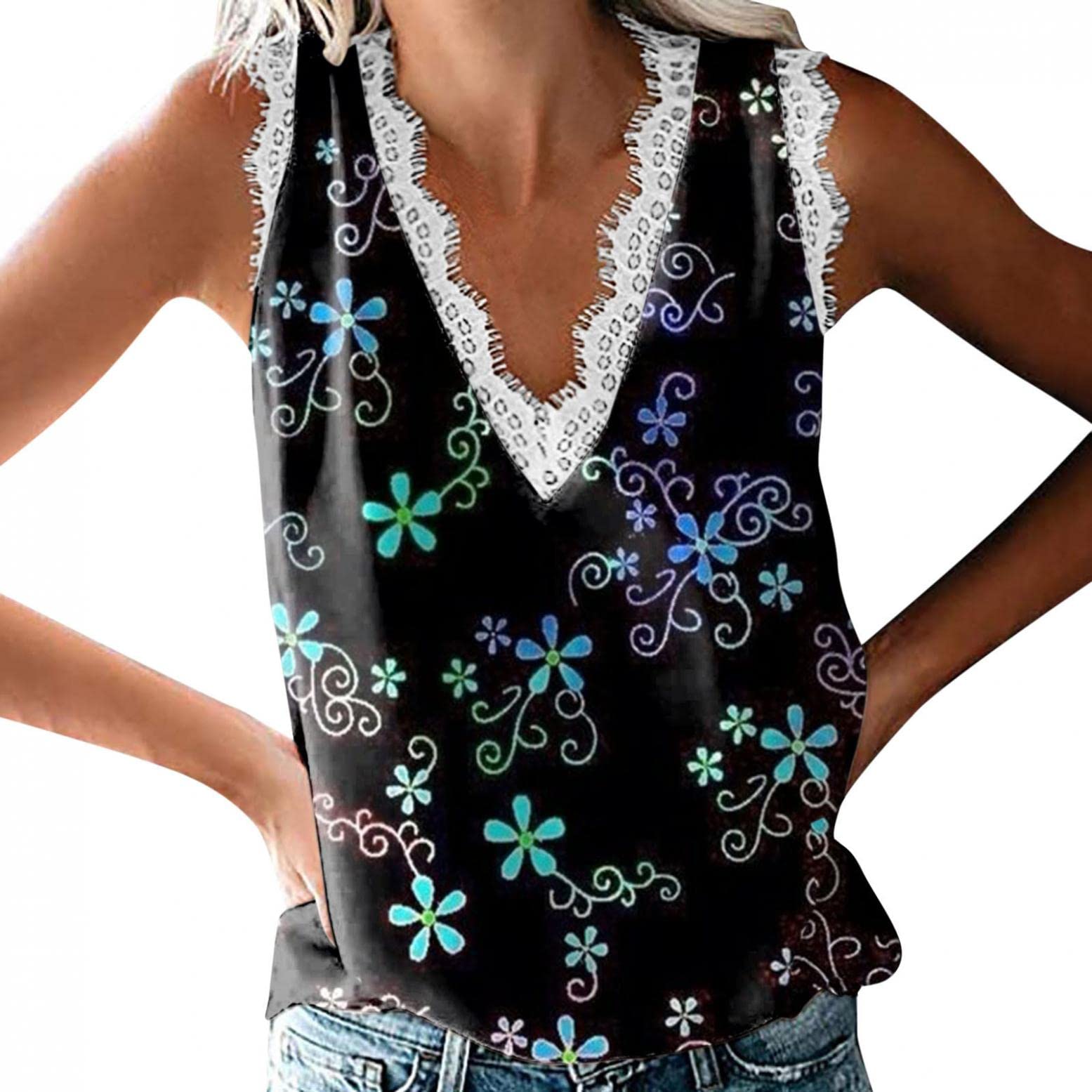 Gibobby Women's Loose Fit Sleeveless Floral Tank Tops - V Neck Side Split Casual Summer T-Shirts for Beach, Yoga & Everyday Wear