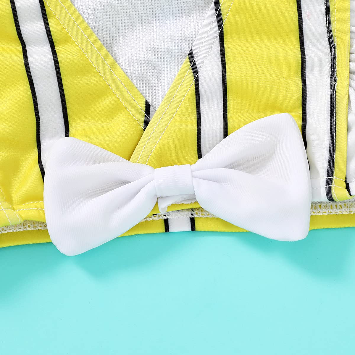 Toddler Girl Swimsuit Ruffle Sleeve Bikini Set - Beach & Pool Wear (Yellow Stripe, 12-18M)