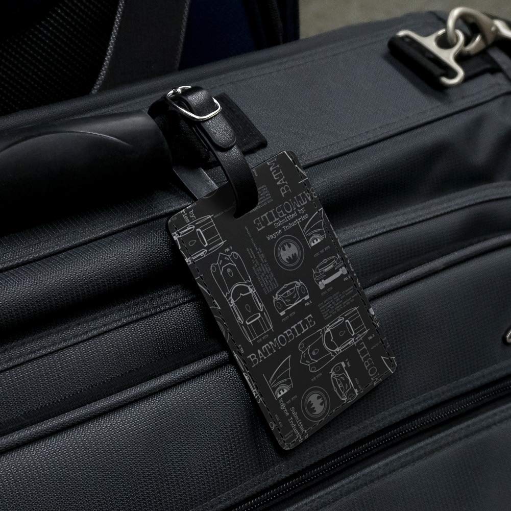 Batman Batmobile Blueprint Leather Luggage Tag - Rectangle ID Card Holder for Travel Bags & Suitcases - Perfect for Cosplay, Comic Con & Batman Fans