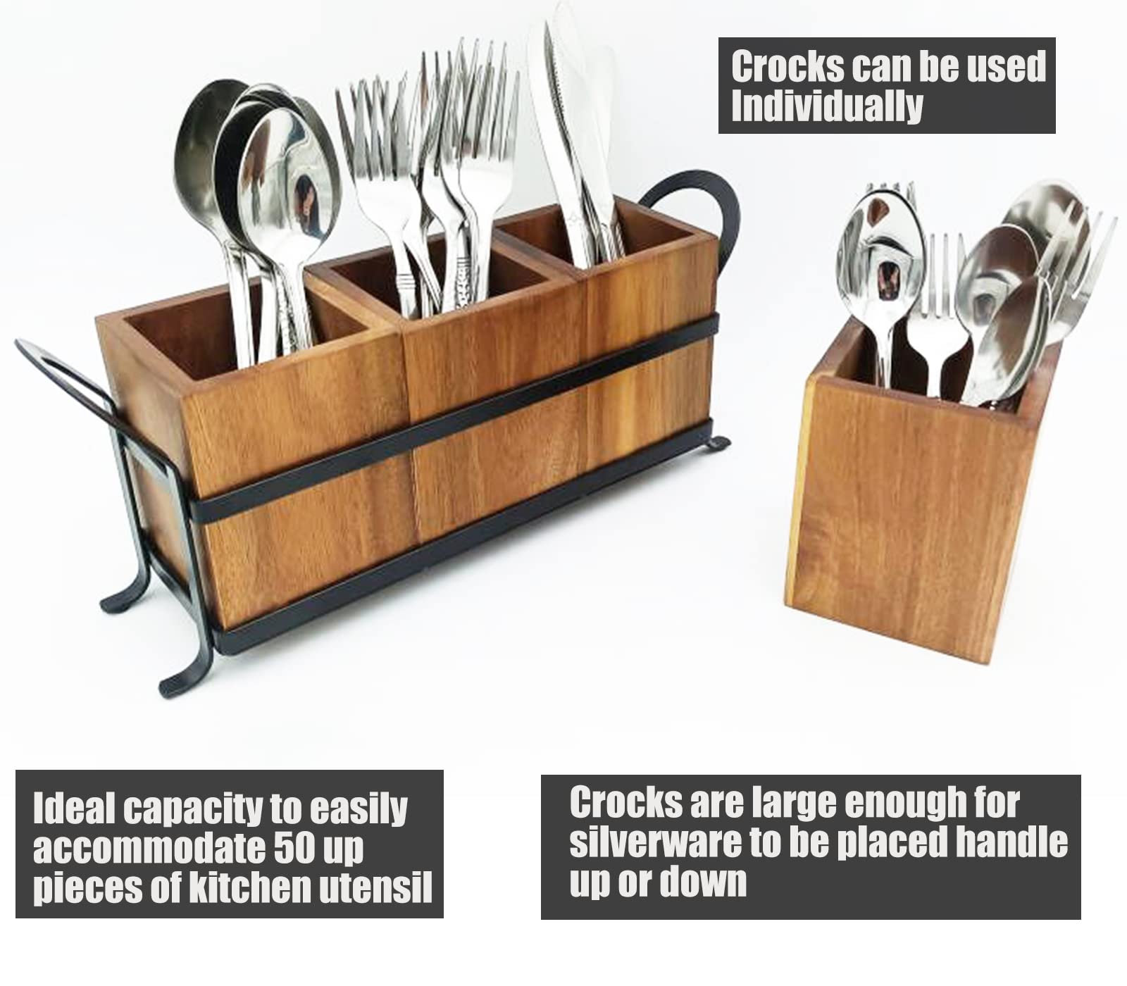 Wooden Utensil Caddy with 3 Compartments & Metal Tray - Rustic Silverware Organizer for Farmhouse Kitchen Countertop | Perfect for Dining Room, Kitchen Drawer, and Countertop Organization