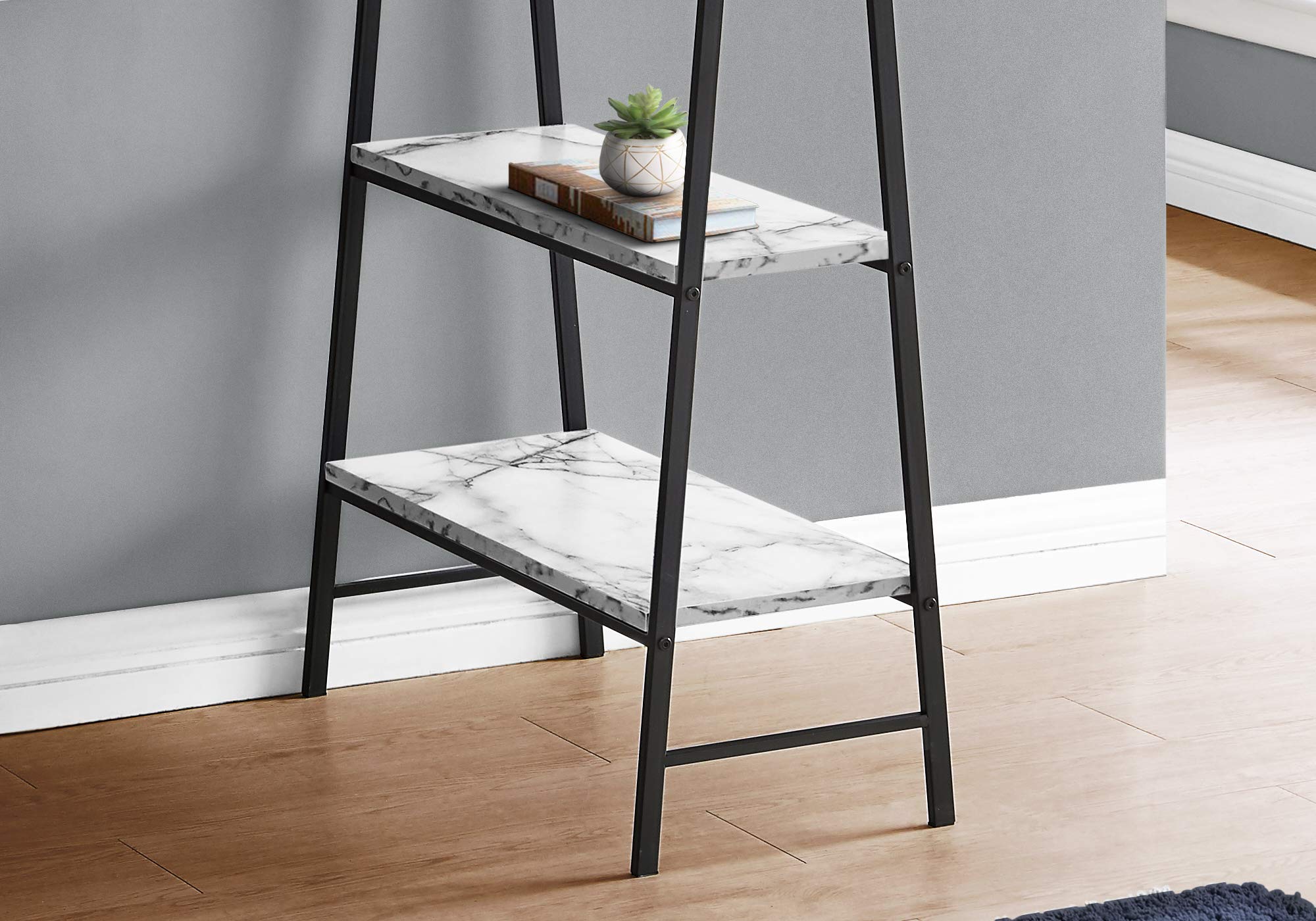Monarch Specialties I 7527 48-Inch Modern Computer Desk with Storage Shelves - White Marble Look & Black Metal Frame - Home Office & Laptop Workstation for Contemporary Spaces