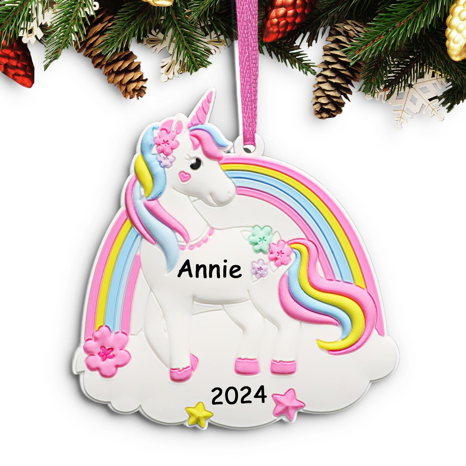 2024 Personalized Unicorn Christmas Ornaments - Custom Handwritten Name Hanging Decor for Tree | Magical Rainbow Unicorn Keepsake Gift for Baby Girls & Boys | Perfect for Holiday Decorations, Birthday Presents & Nursery Room Decor