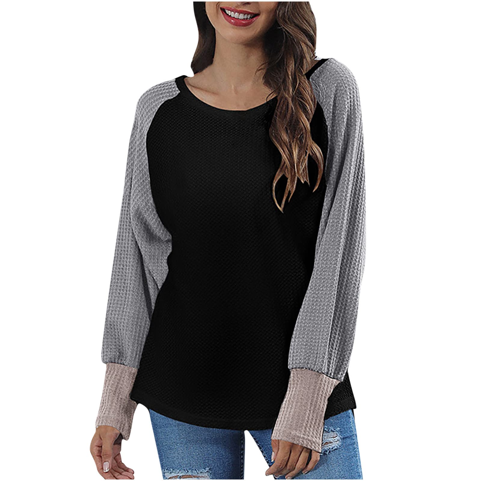 Women's Color Block Patchwork Raglan Long Sleeve Pullover Sweatshirt - Soft Lightweight Waffle Knit Loose Blouse for Fall | Casual Outfit, Layering & Everyday Wear