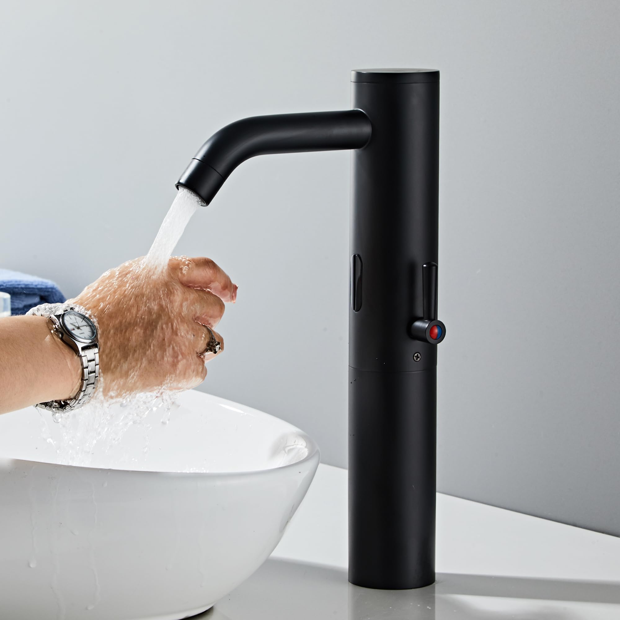 Matt Black Touchless Bathroom Vanity Faucet - Tall Automatic Motion Sensor Faucet with Temperature Control Rod | Hands-Free Sink Mixer for Modern Bathrooms, Kitchens & Public Restrooms