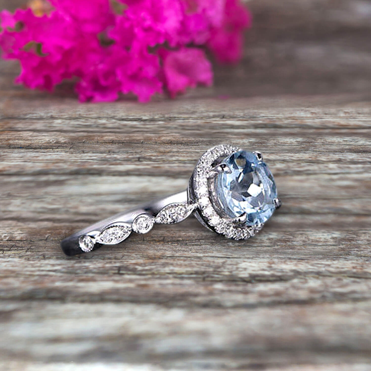 1.50 Carat Round Cut Aquamarine Engagement Ring in 10k White Gold - Art Deco Style Wedding Band, Anniversary Gift for Her - Perfect for Proposals, Bridal Jewelry & Special Occasions