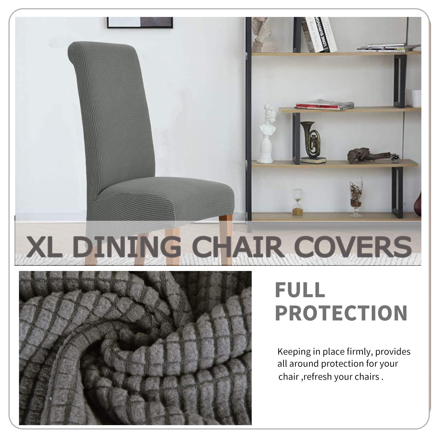 Deisy Dee Stretch XL Oversized Soft Spandex Dining Chair Covers - Washable & Removable Slipcovers for Kitchen & Dining Room (Grey, 2 Pack) - Perfect for Home, Restaurant, and Office Use