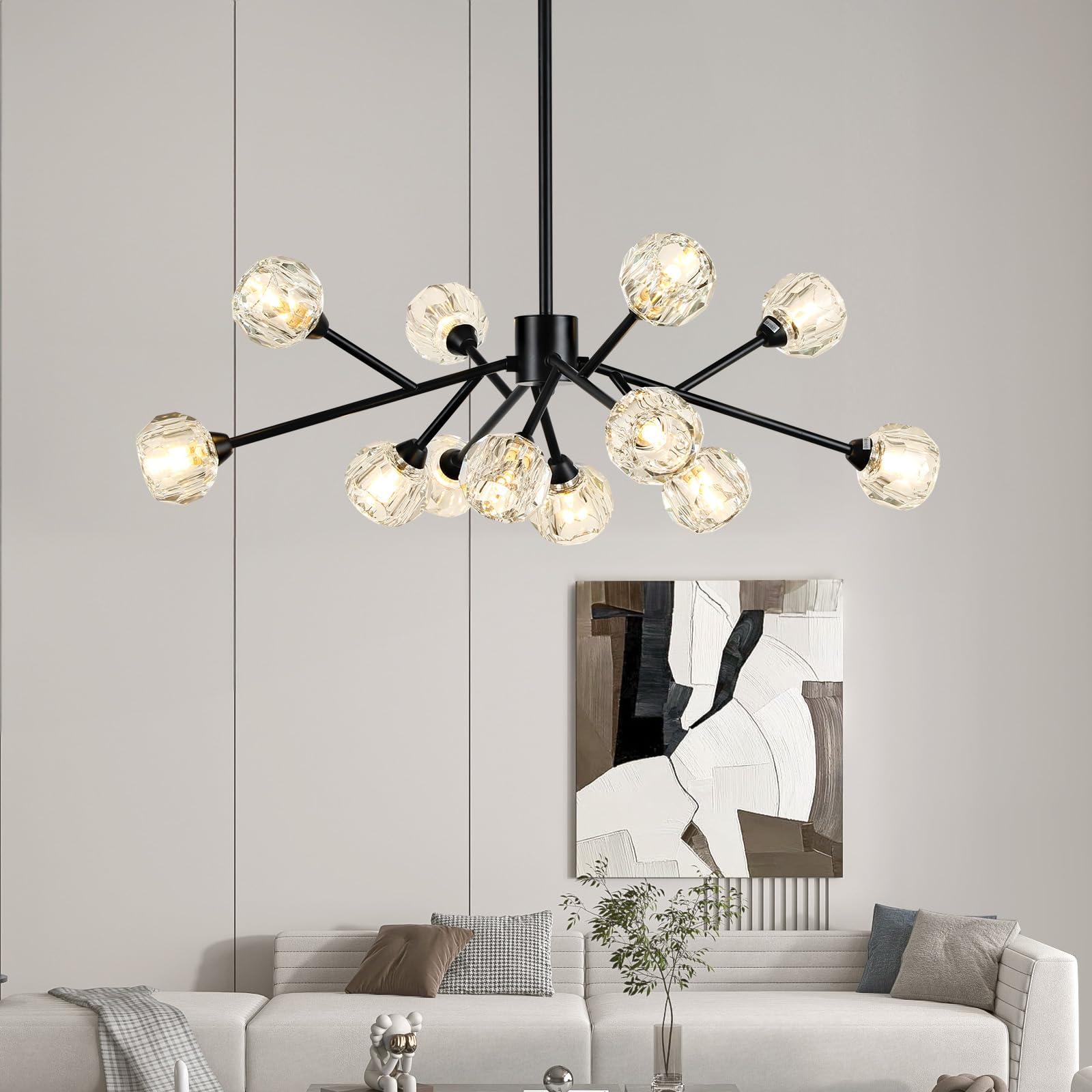 Modern Black Crystal Chandelier - 12-Light Sputnik Lighting Fixture for Dining Room, Living Room, Bedroom, Kitchen Island & Bar - Elegant Ceiling Light for Home Decor & Dinner Parties