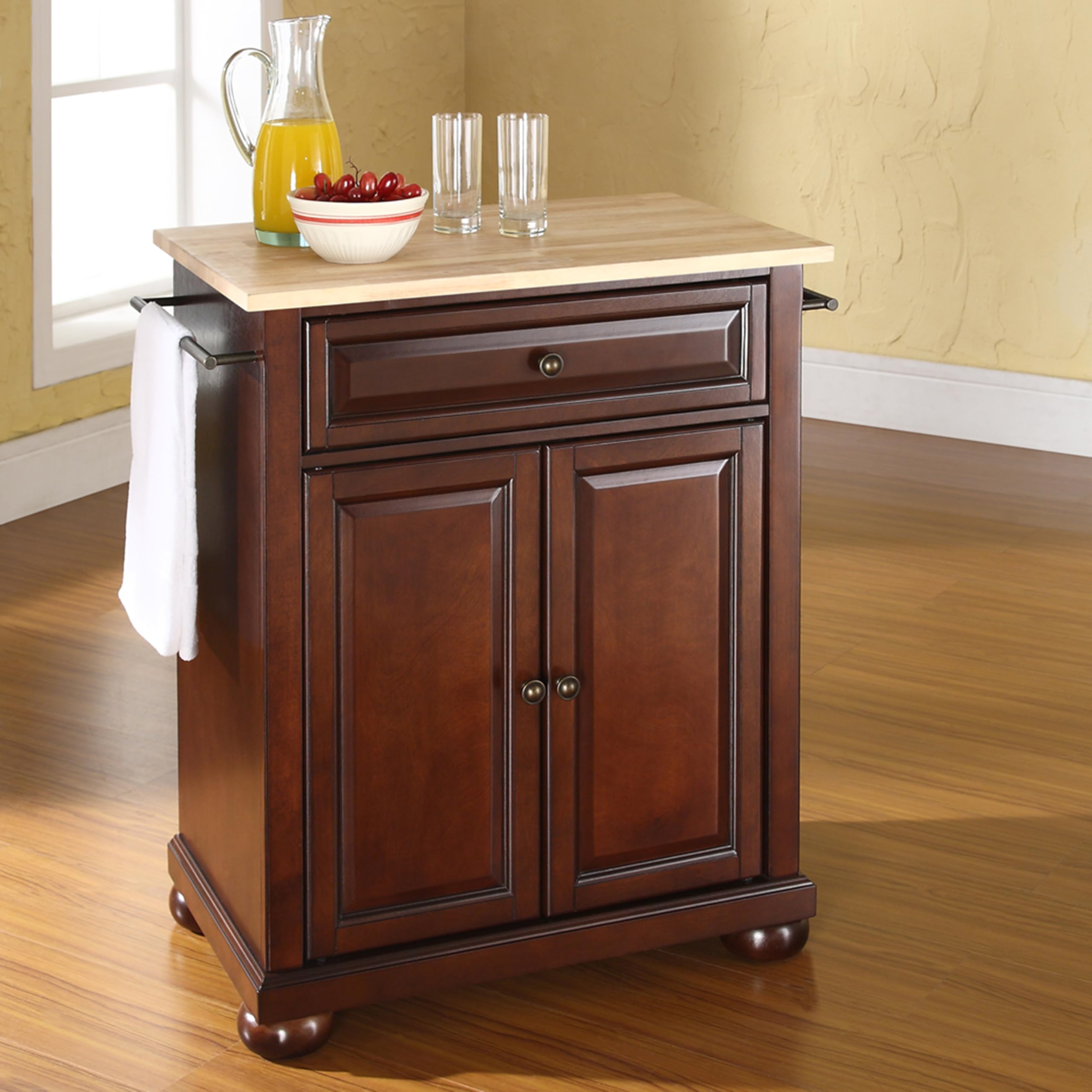 Crosley Alexandria Wood Top Portable Kitchen Island Cart with Wheels - Microwave Stand, Storage Cabinet, Mahogany Finish for Small Spaces - Perfect for Apartments, Dorms & Compact Kitchens