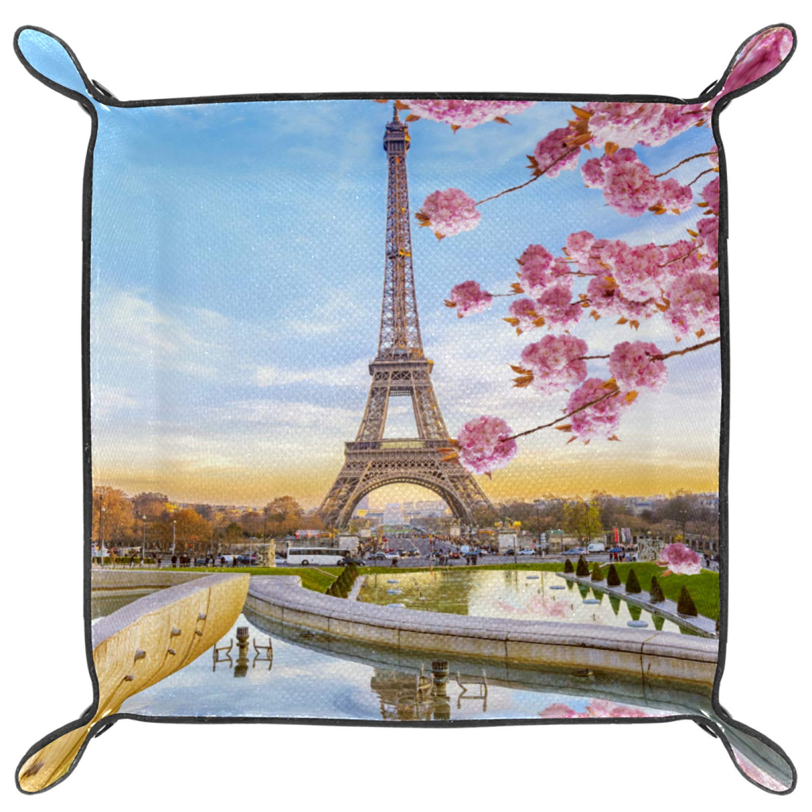 HAlidey Leather Valet Tray with Paris Eiffel Tower Floral Design - Desktop Organizer for Keys, Phone, Wallet & Office Accessories | Perfect for Home, Office & Travel Use
