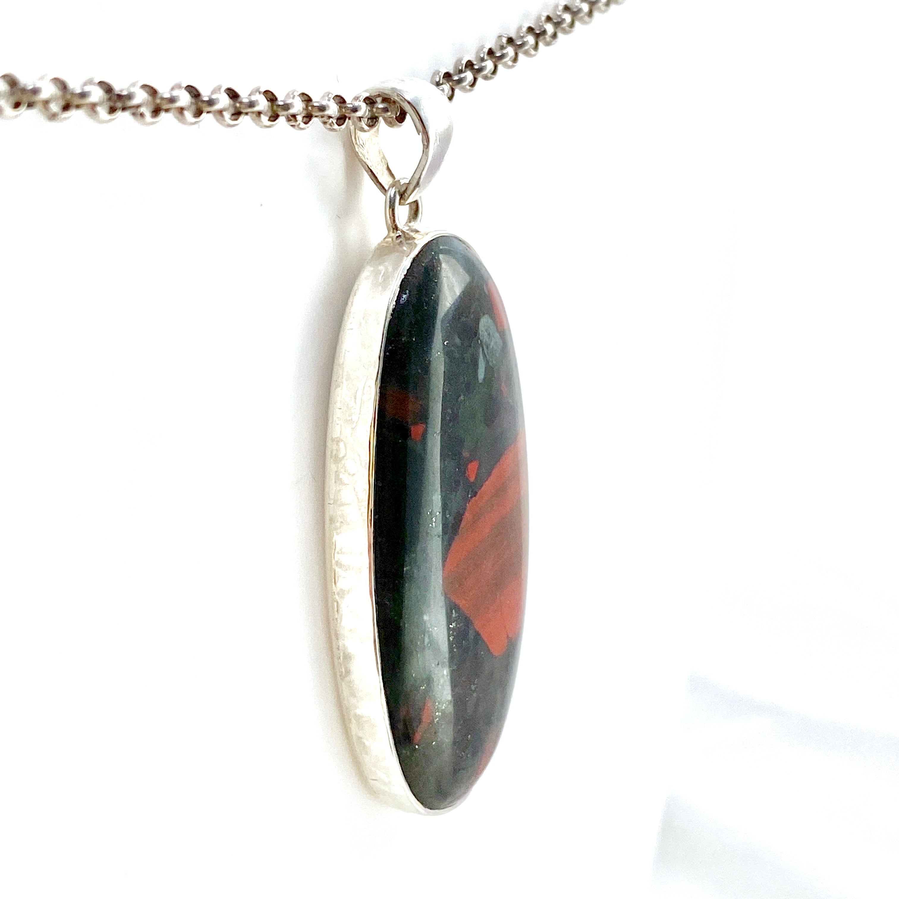 Natural Bloodstone Oval Cabochon Pendant in Handmade Hammered Sterling Silver Setting KPGJ4739 - Perfect for Meditation, Healing Jewelry & Spiritual Gifts