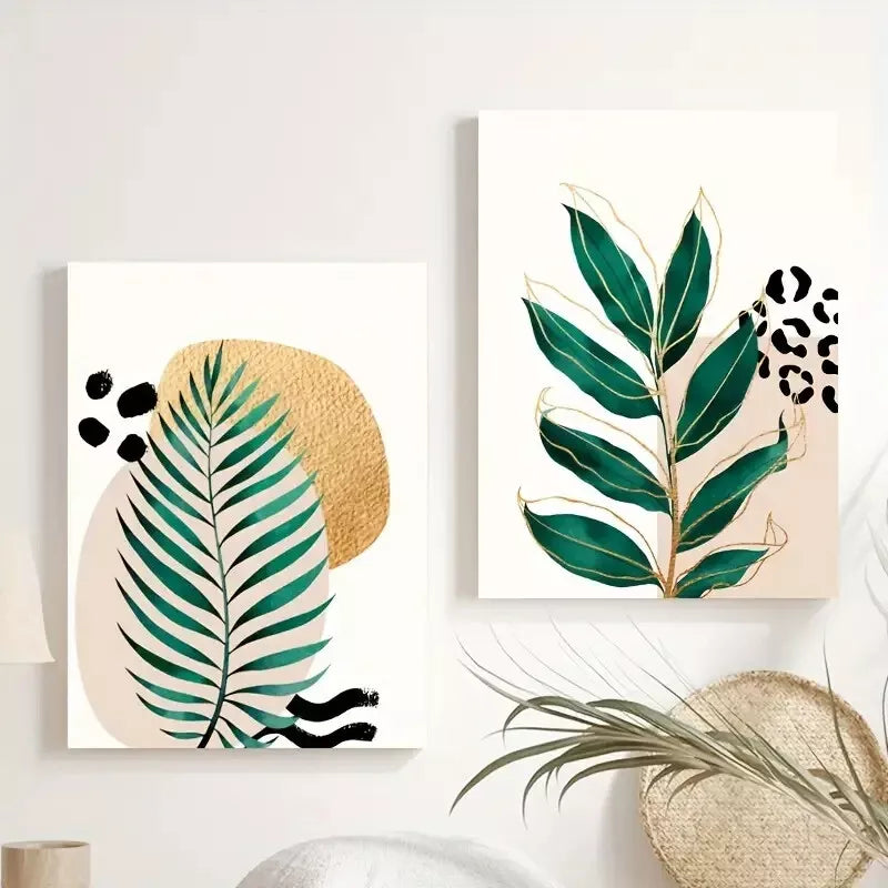 2-Piece Tropical Green Pink & Gold Leaves Framed Canvas Wall Art 50x75cm - High Quality Print, 100% Australian Made, Ready to Hang - Perfect for Living Room, Bedroom & Office Decor
