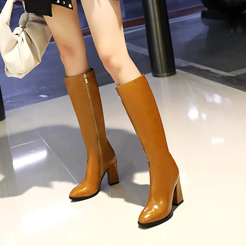 Elegant Women's Knee High Boots with Zipper - Autumn Winter Fashion Heeled Boots in White & Green - Size 48 for Tall Women - Perfect for Office, Party & Winter Outfits