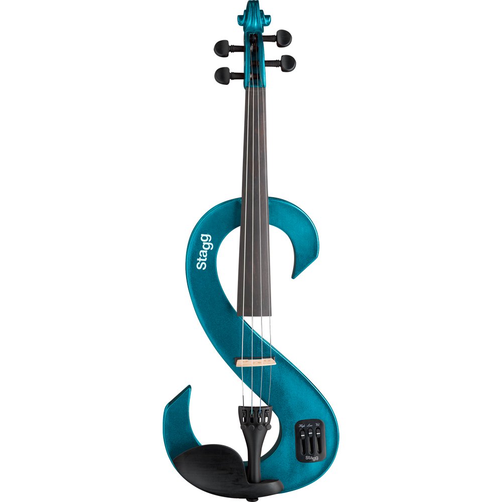 Stagg Full Size 4/4 Electric Silent Violin Set with Bow, Hard Case, Strap, Stereo Headphones & Rosin - Metallic Blue (S Shape) | Perfect for Practice, Performances & Silent Playing at Home, Studio or Stage