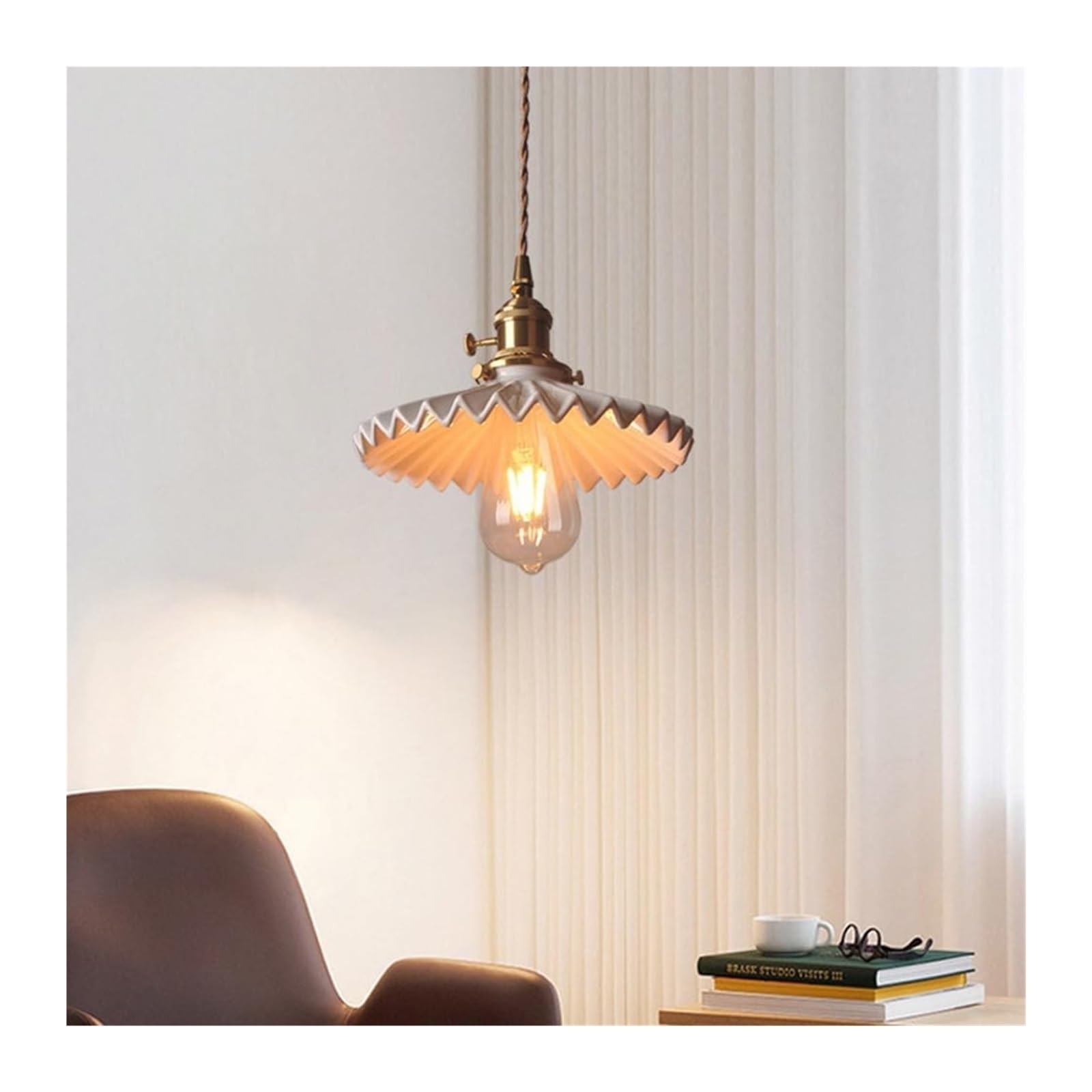 Vintage Gold Farmhouse Pendant Light - Adjustable Glass Single Hanging Chandelier with Pleated Ceramic Shade for Bedroom, Kitchen, Dining Room & Living Room Lighting (White)