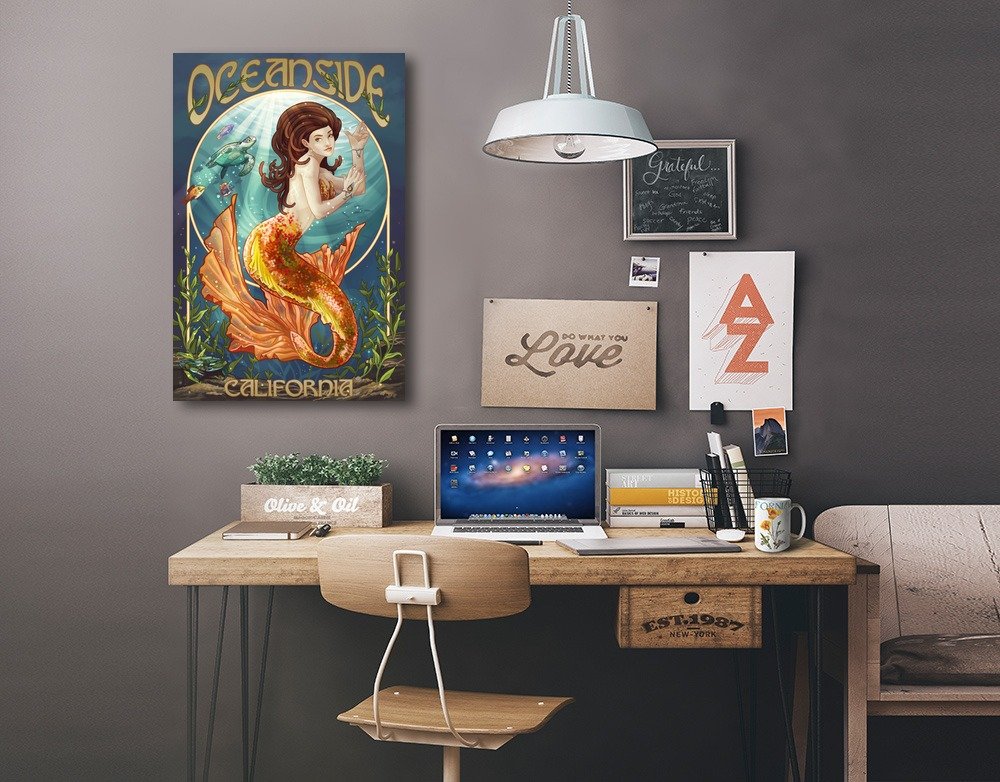 Lantern Press Oceanside California Mermaid Art - 16x24 Wrapped Canvas Wall Decor - Coastal Home Decor for Living Room, Bedroom & Beach House